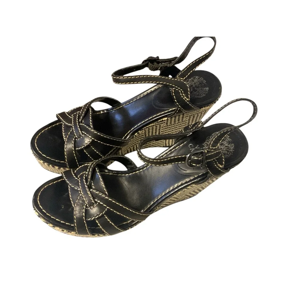 Vince Camuto Black Leather Woven Geometric Platform Wedge Sandals 9B 39